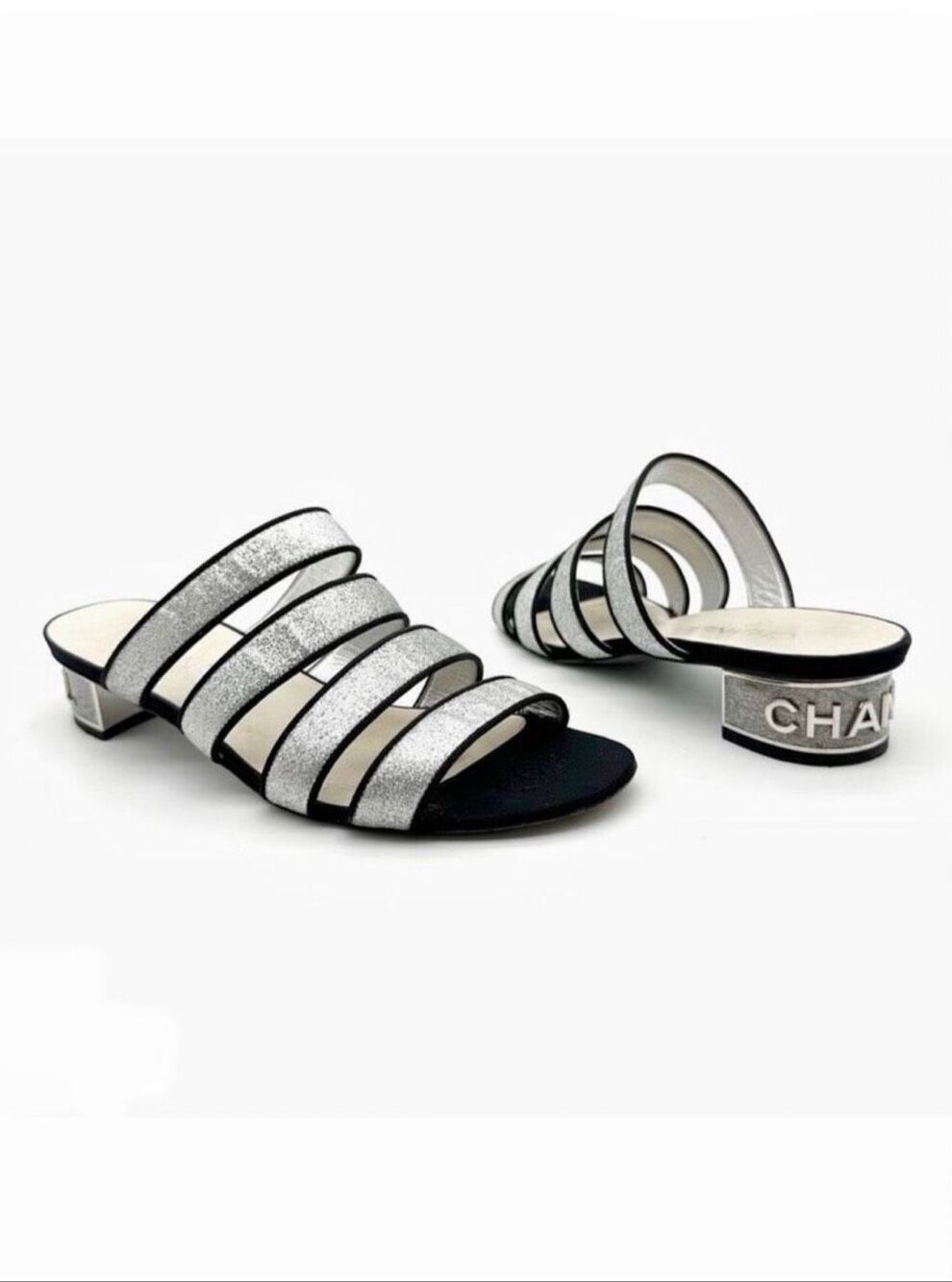 CHANEL Logo Silver Glitter Black Leather Slide Heels Size 39.5 Strappy Sandal Mu
